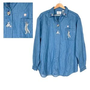 NORTHERN TREASURES Denim Button Up Shirt MEDIUM Embroidered Cats Kittens Vintage